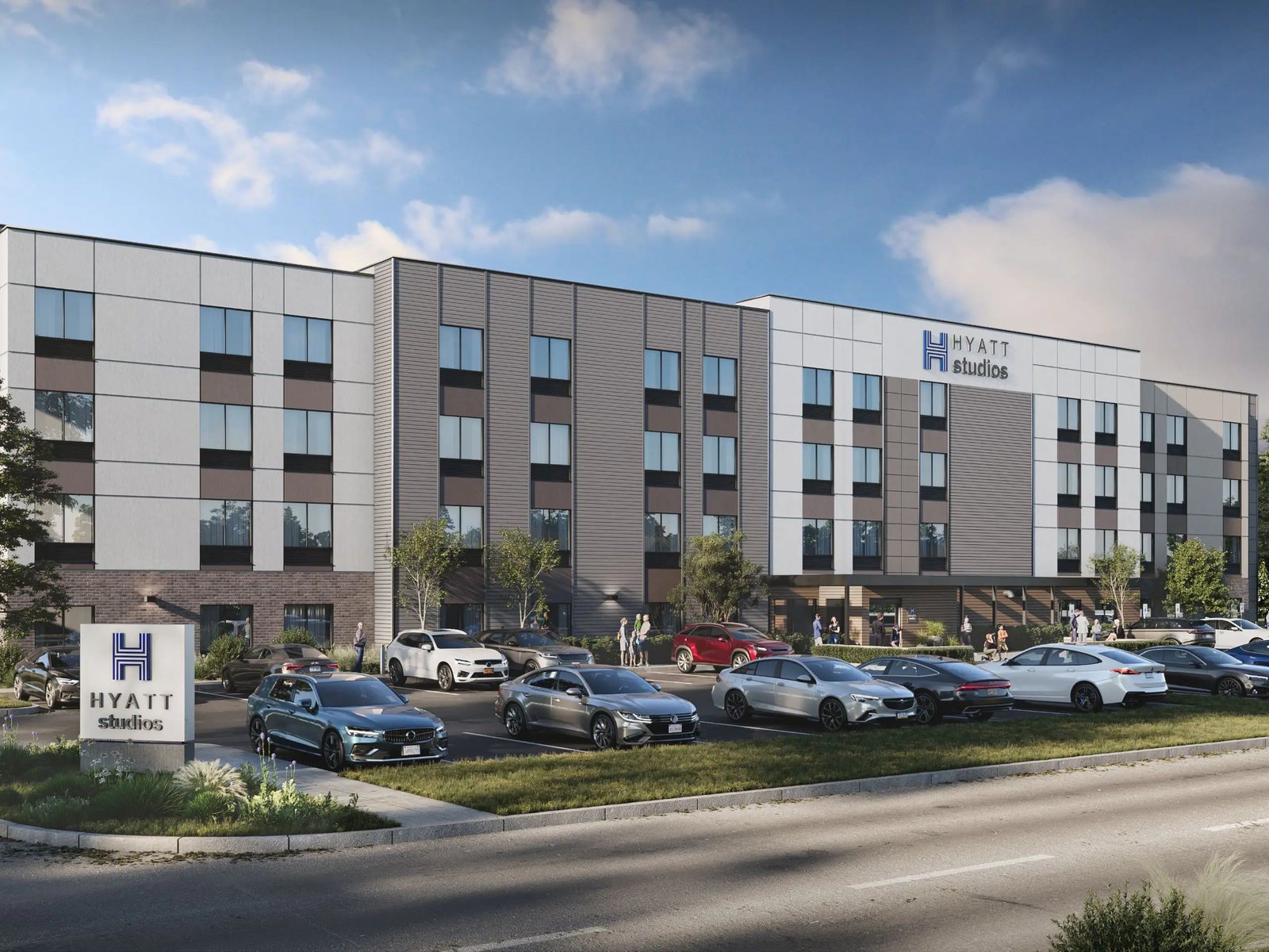 Rendering of a four-story Hyatt Studios hotel